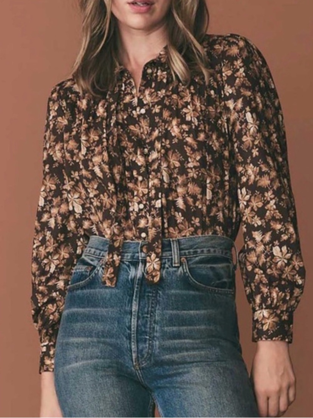 Doen Norma Top in Fern Grove Floral tie bow neckline organic cotton size L